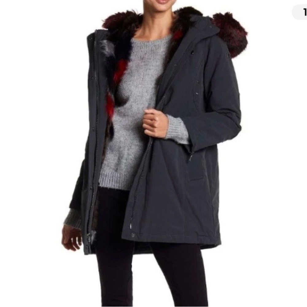 Diane von Furstenberg DVF Slate Faux Fur Hooded Anorak Coat